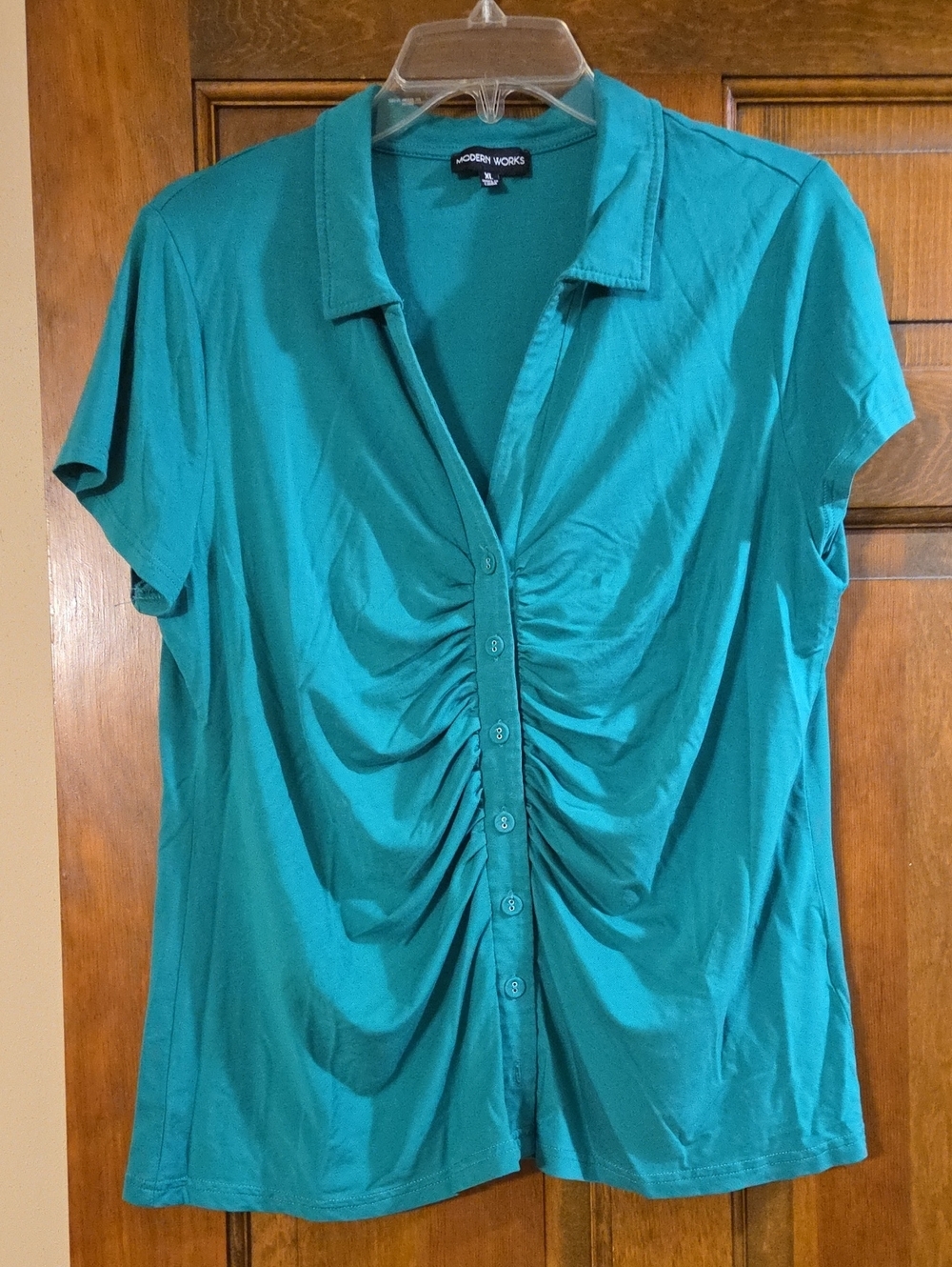 Teal Ruched Button-Front Short Sleeve Blouse - Picture 3 of 5